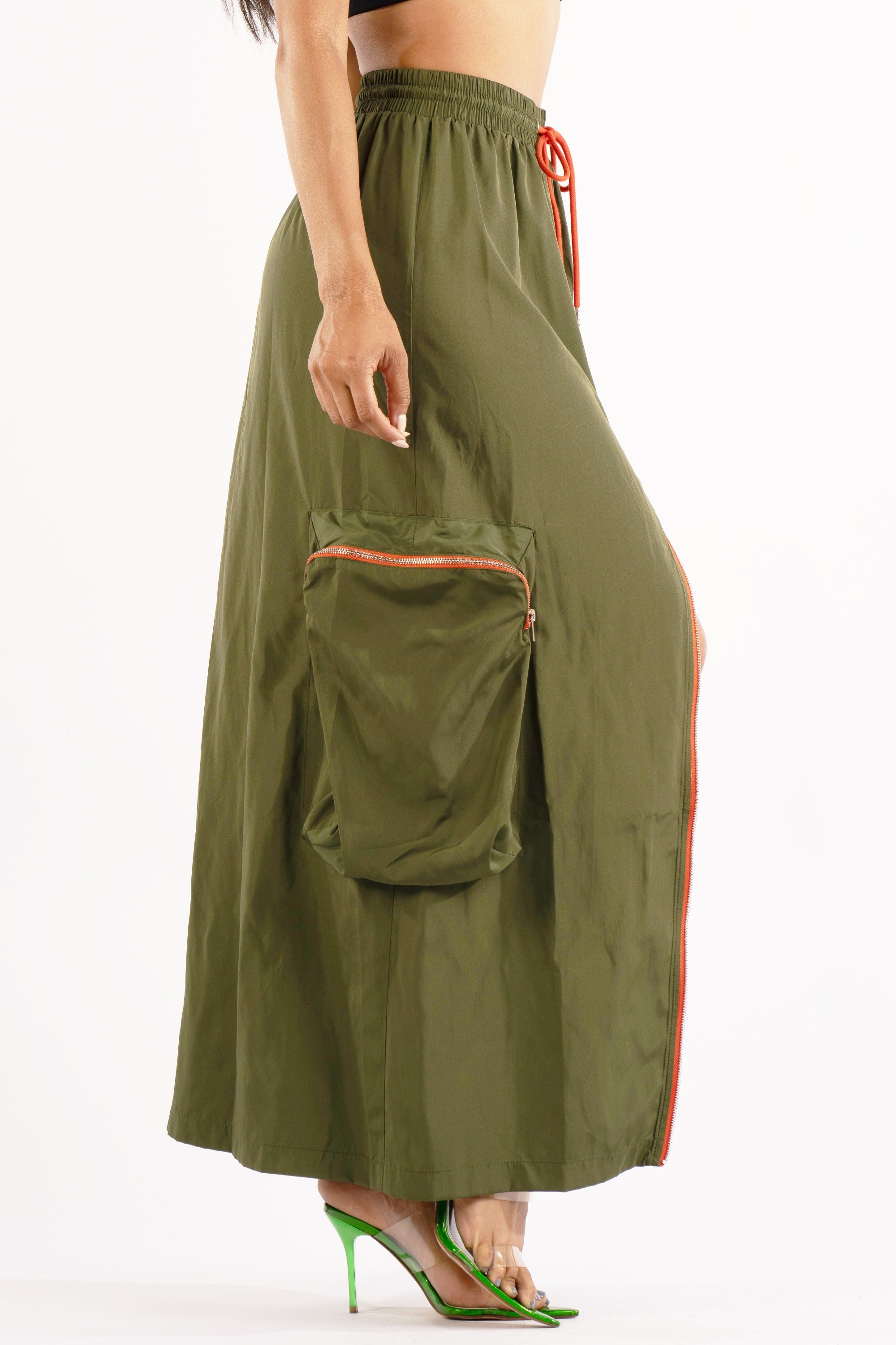 Zipper front drawstring waist cargo maxi skirt