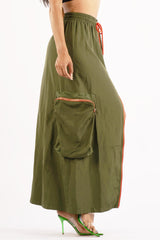 Zipper front drawstring waist cargo maxi skirt