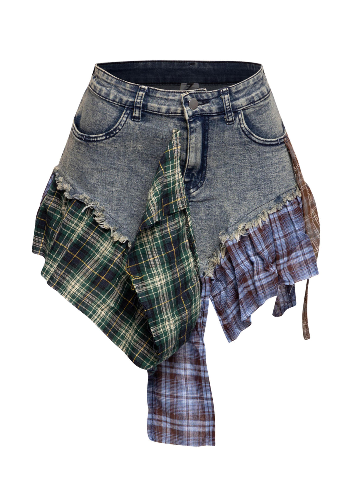 Distressed Denim Mini Skirt with Plaid Patchwork