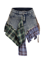 Distressed Denim Mini Skirt with Plaid Patchwork