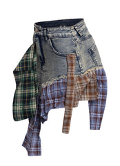 Distressed Denim Mini Skirt with Plaid Patchwork