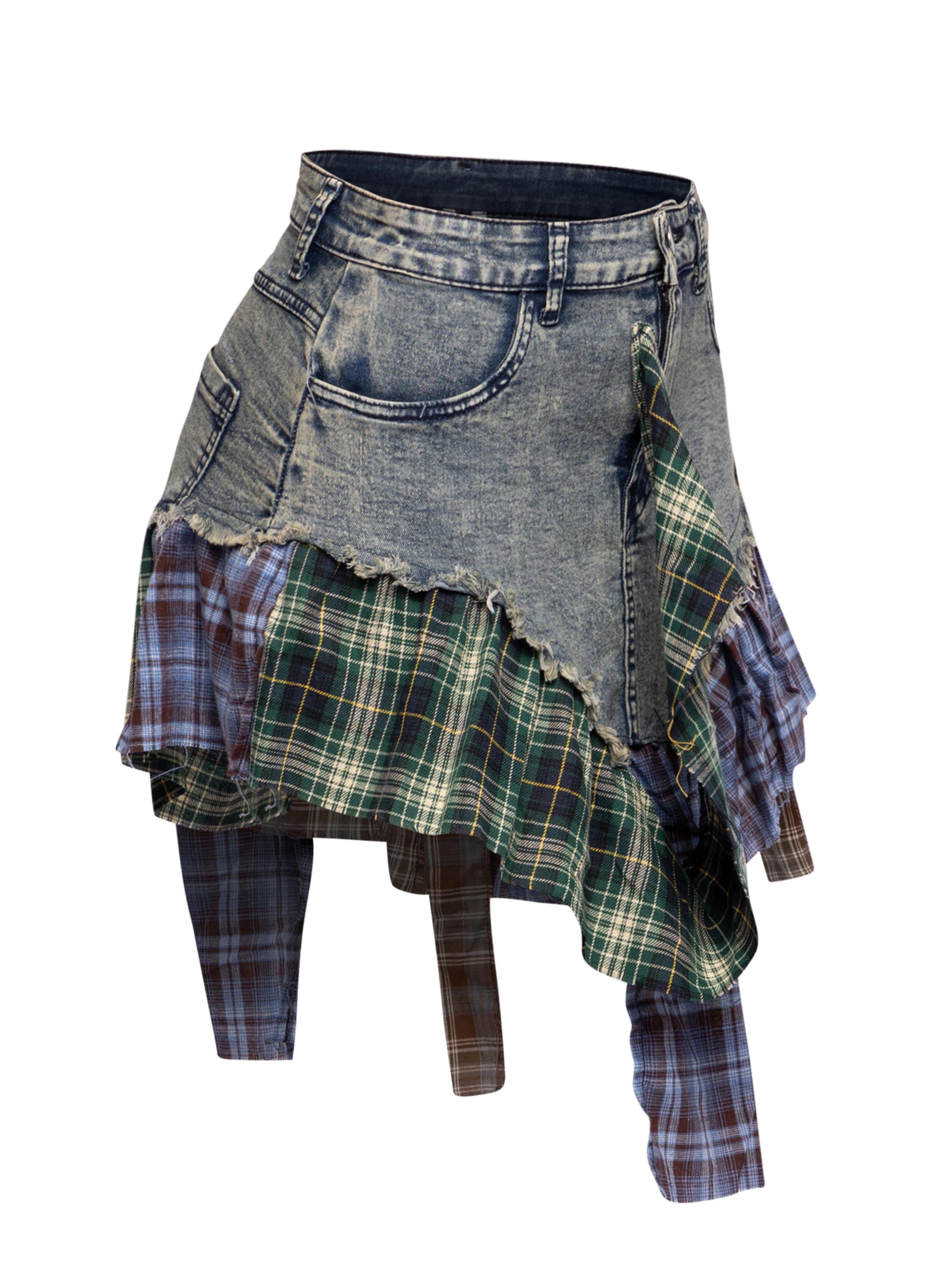 Distressed Denim Mini Skirt with Plaid Patchwork