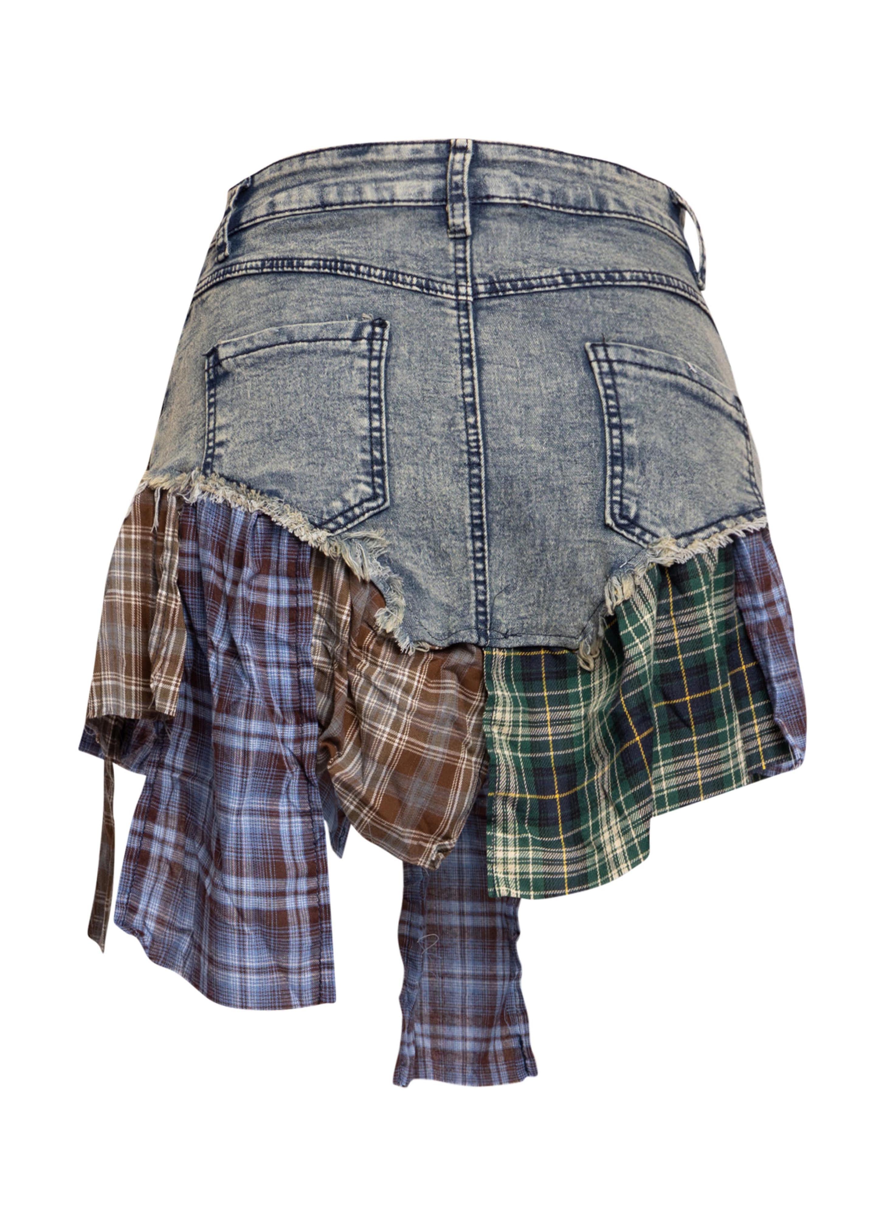 Distressed Denim Mini Skirt with Plaid Patchwork