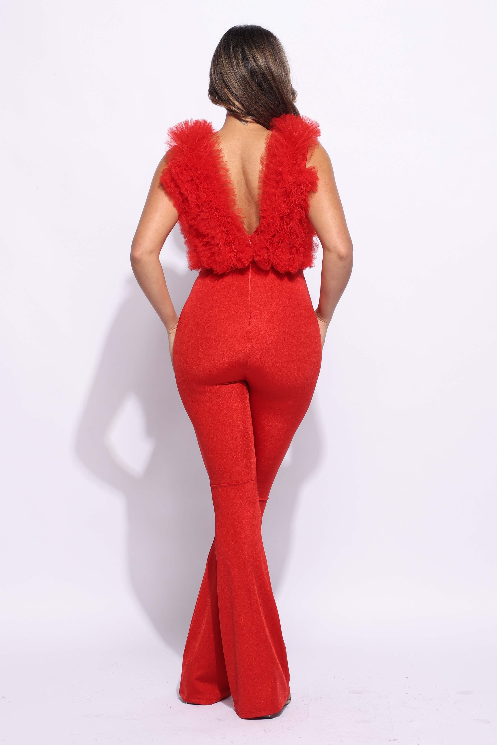 Layered ruffle deep V neck jumpsuit