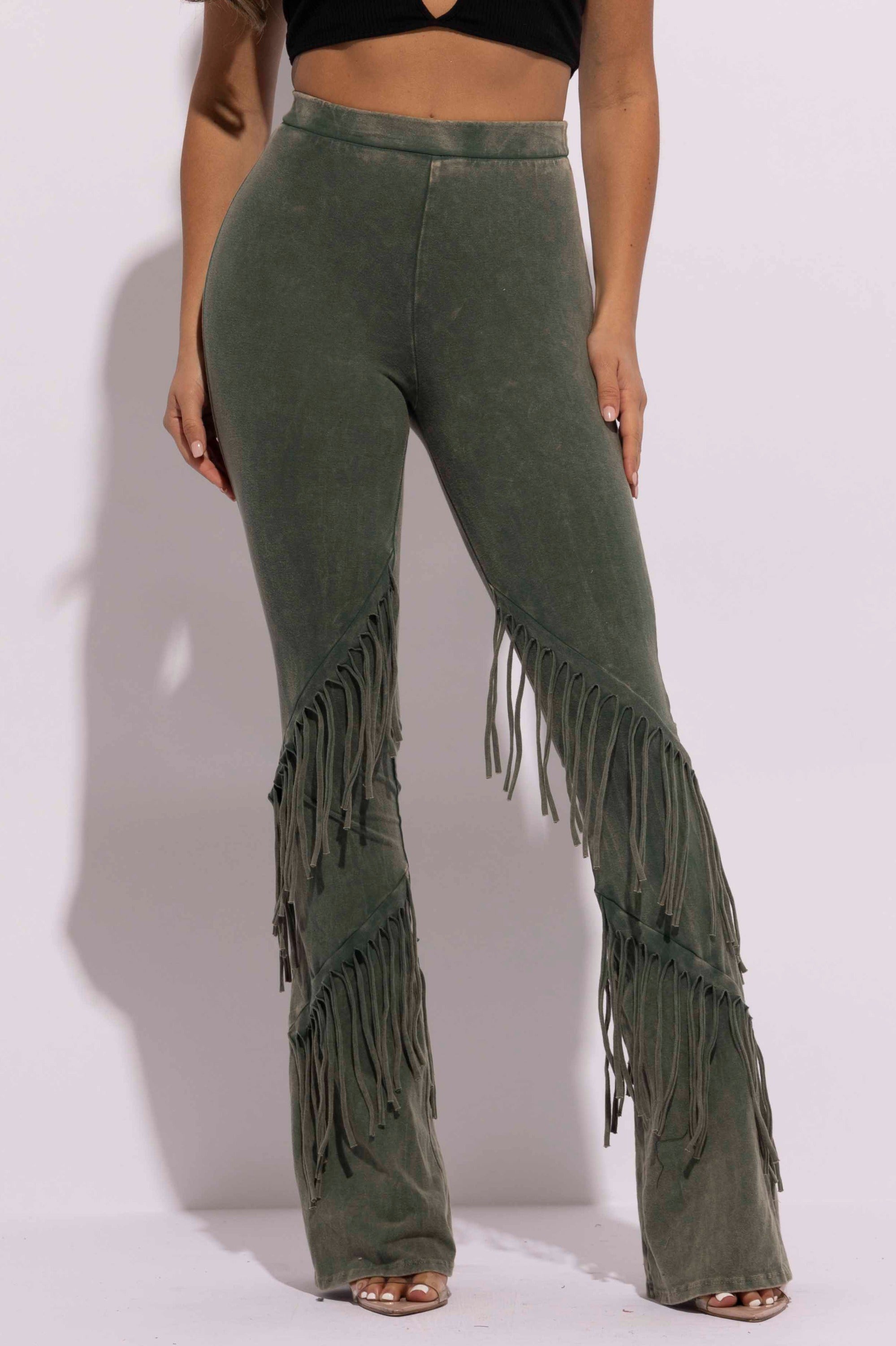 Mineral washed fringe flare pants