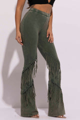 Mineral washed fringe flare pants