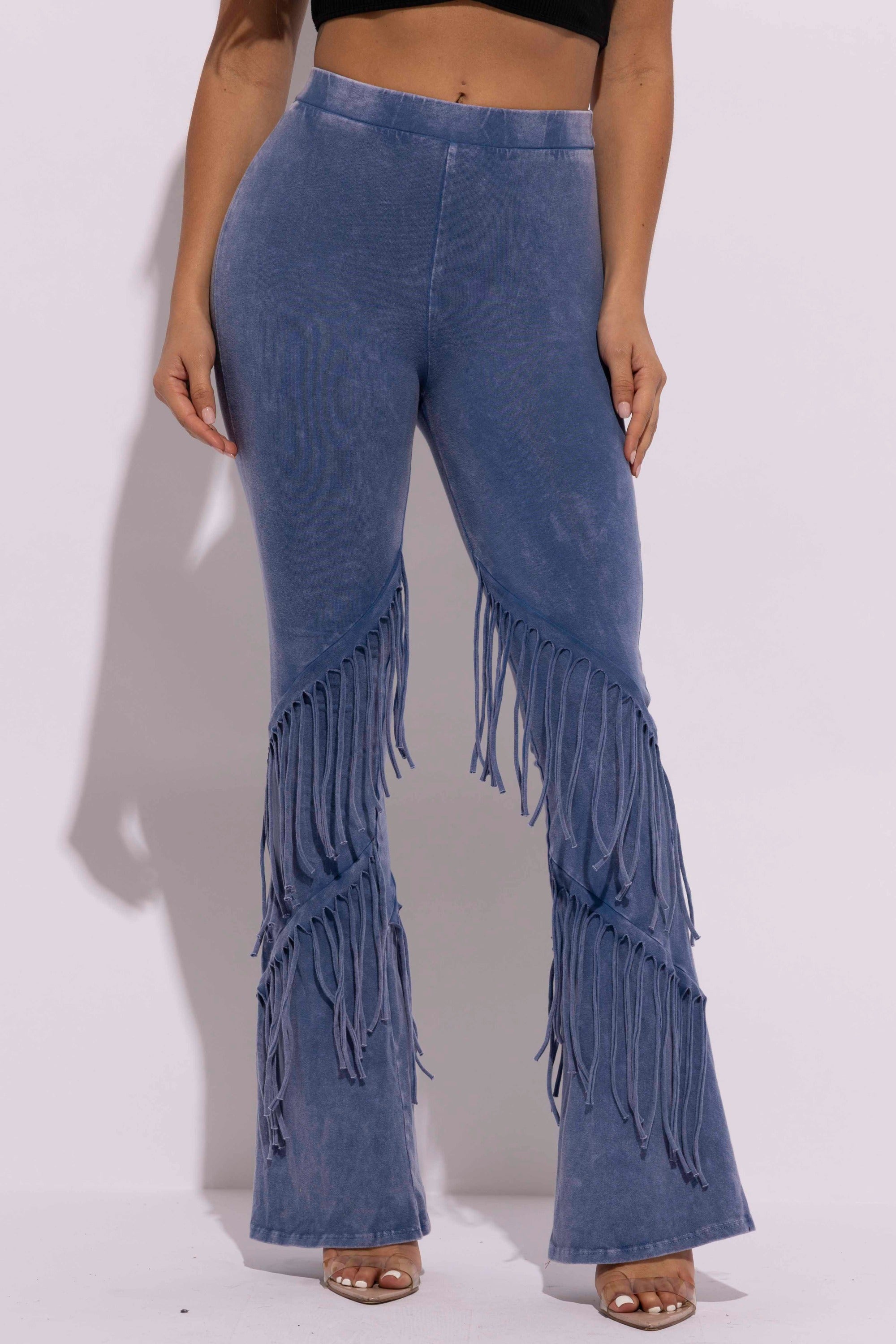 Mineral washed fringe flare pants