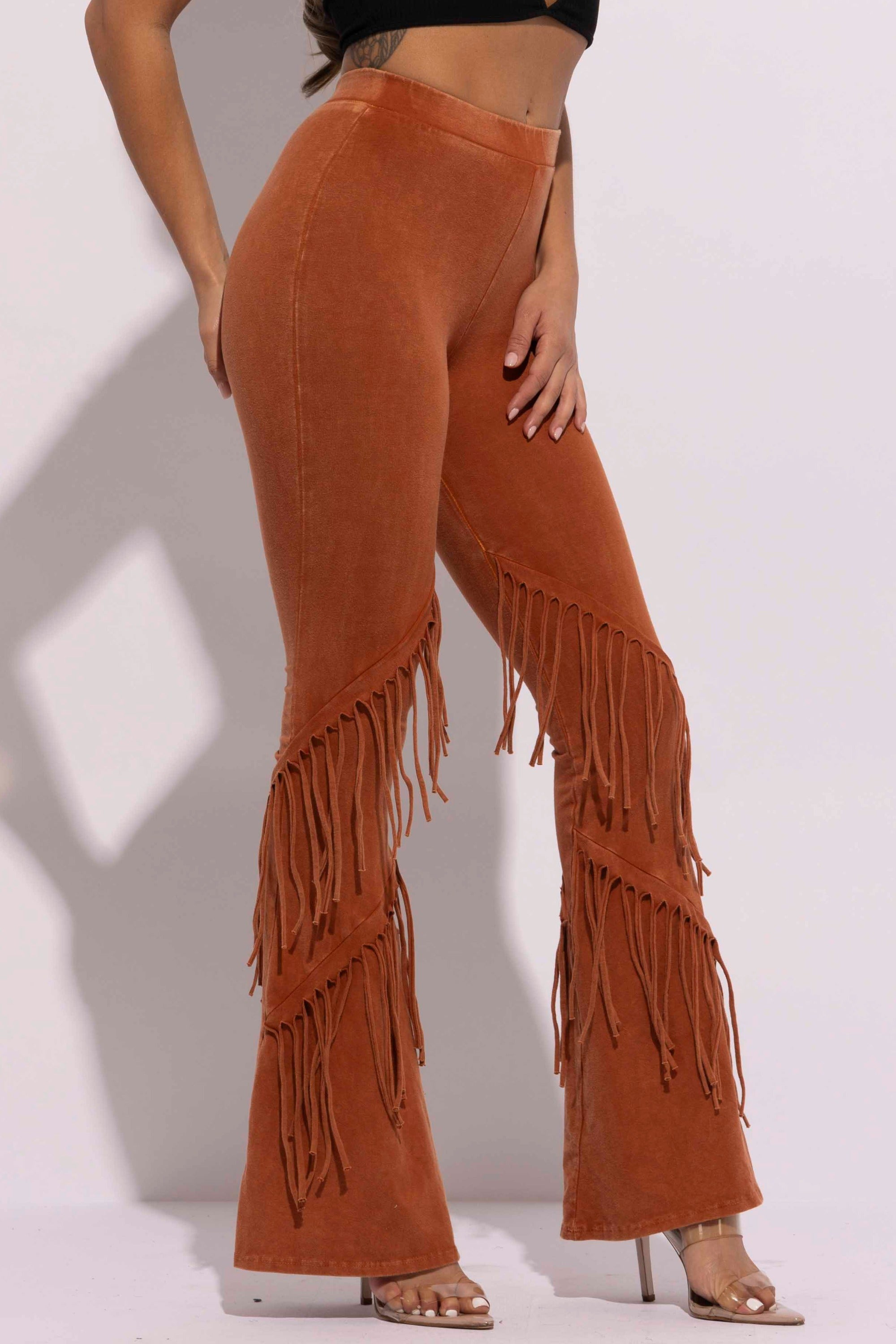 Mineral washed fringe flare pants