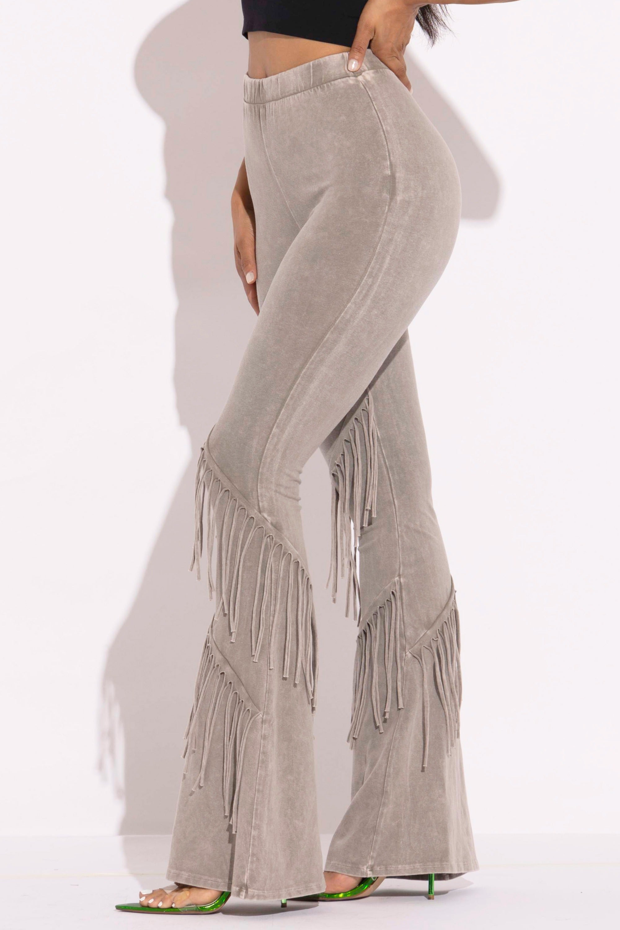 Mineral washed fringe flare pants