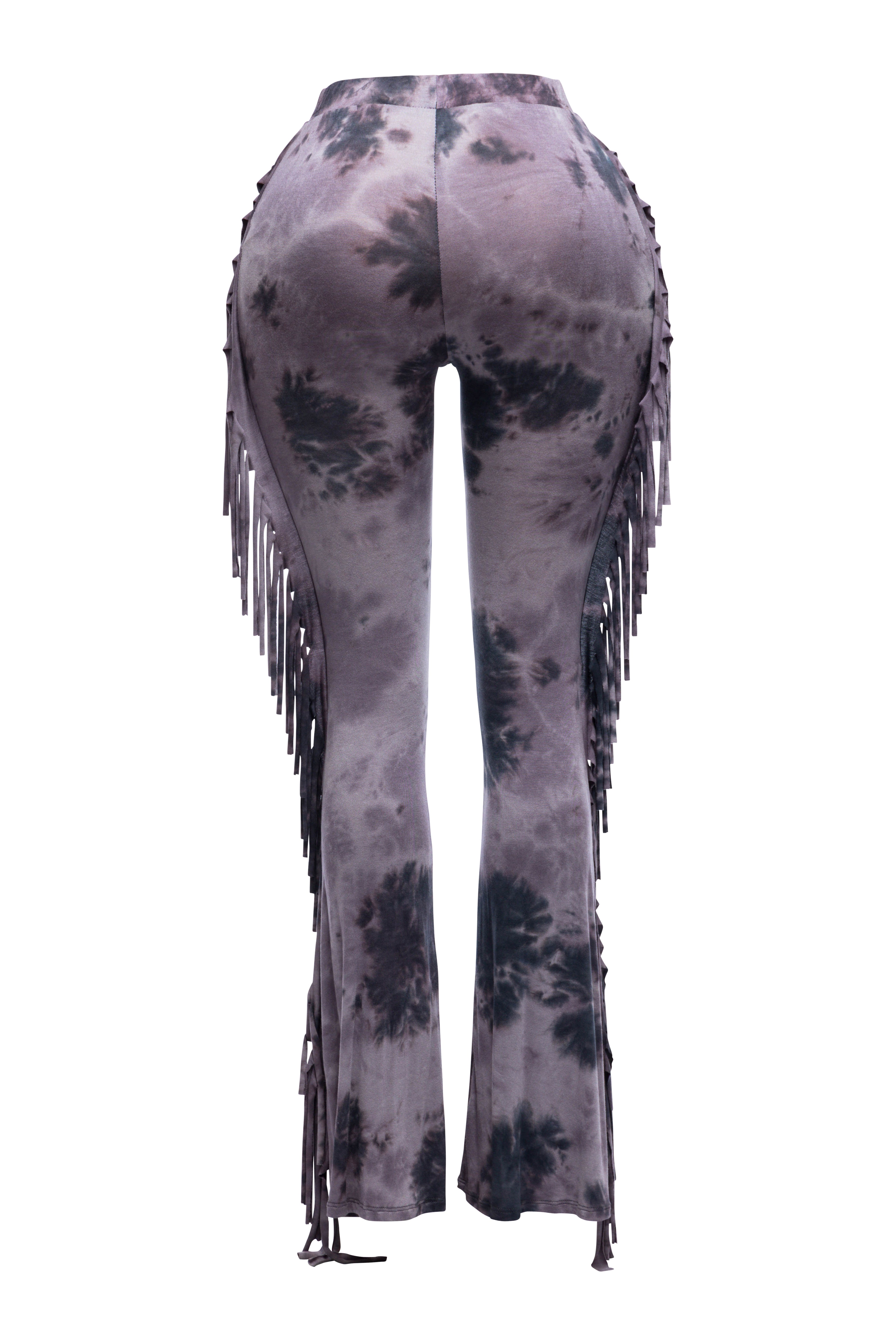 Tie dye printed fringe detailed flared pants