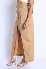 Trench Maxi skirt with high slit with button detail