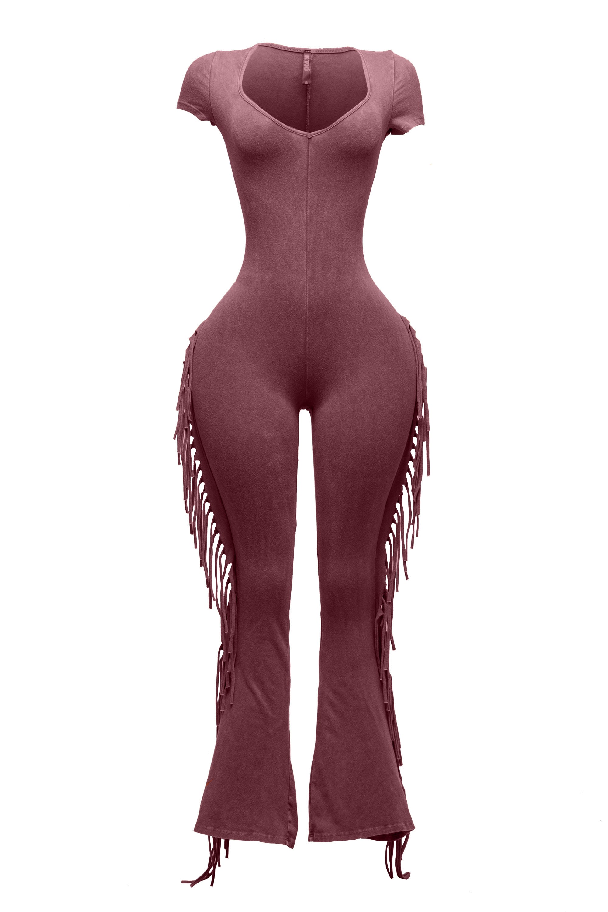 Mineral washed fringed jumpsuit.