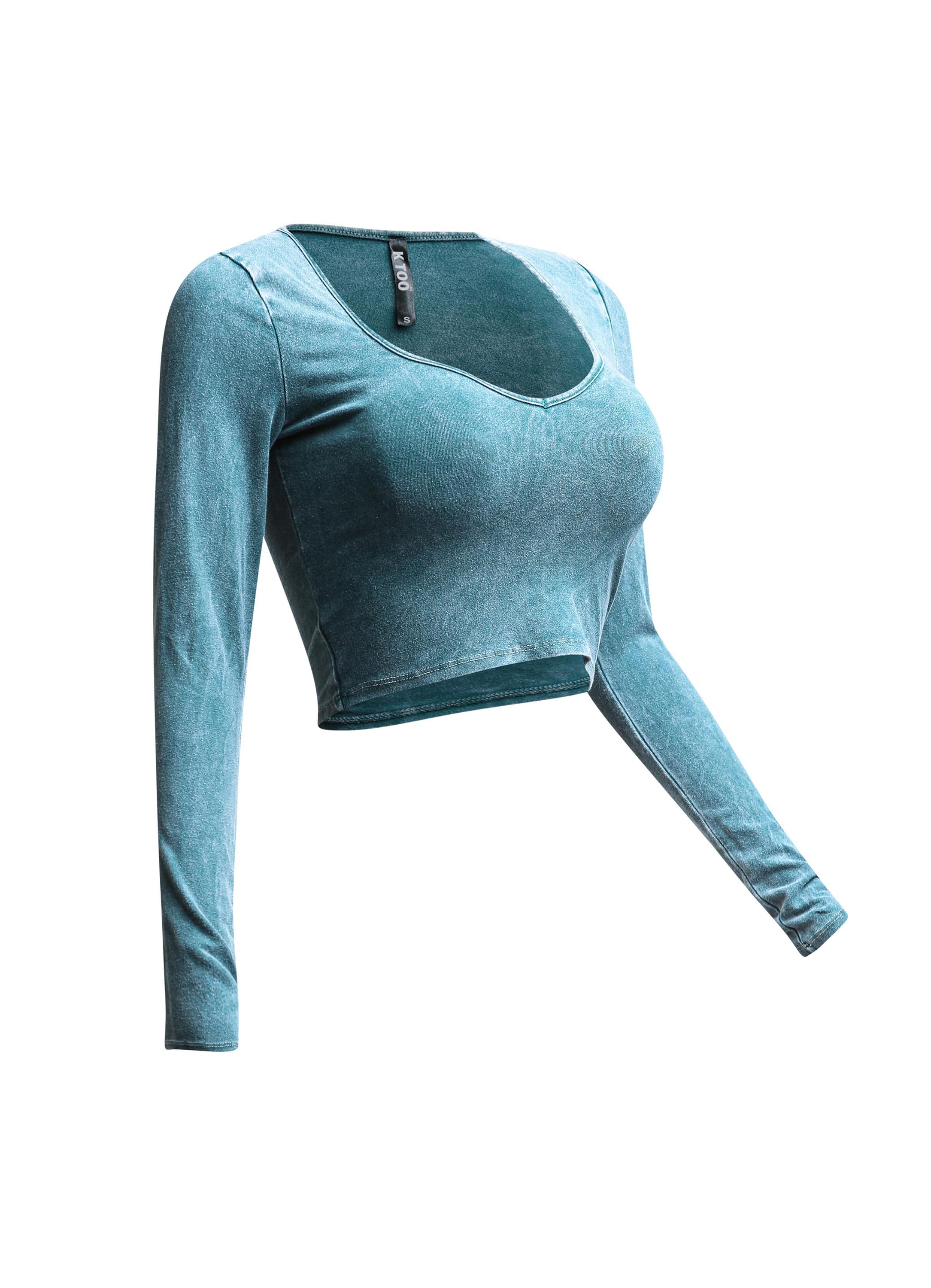 Right side view of teal vintage wash crop top with sleek, form-fitting sleeves.