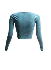 Back view of teal vintage wash crop top with long sleeves.