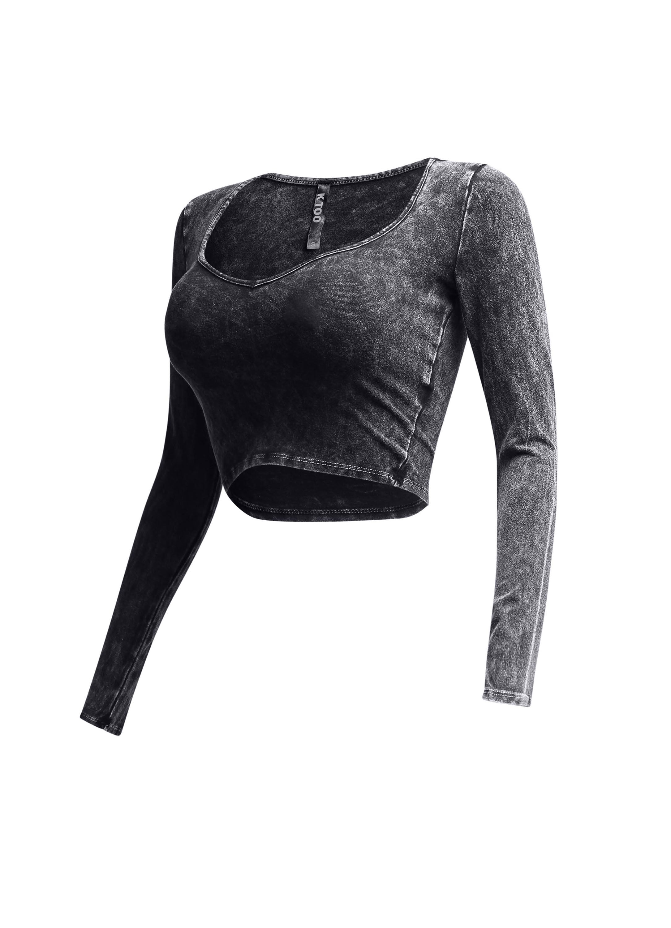 Left side view of black vintage wash long sleeve crop top highlighting the fitted design.