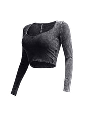 Left side view of black vintage wash long sleeve crop top highlighting the fitted design.