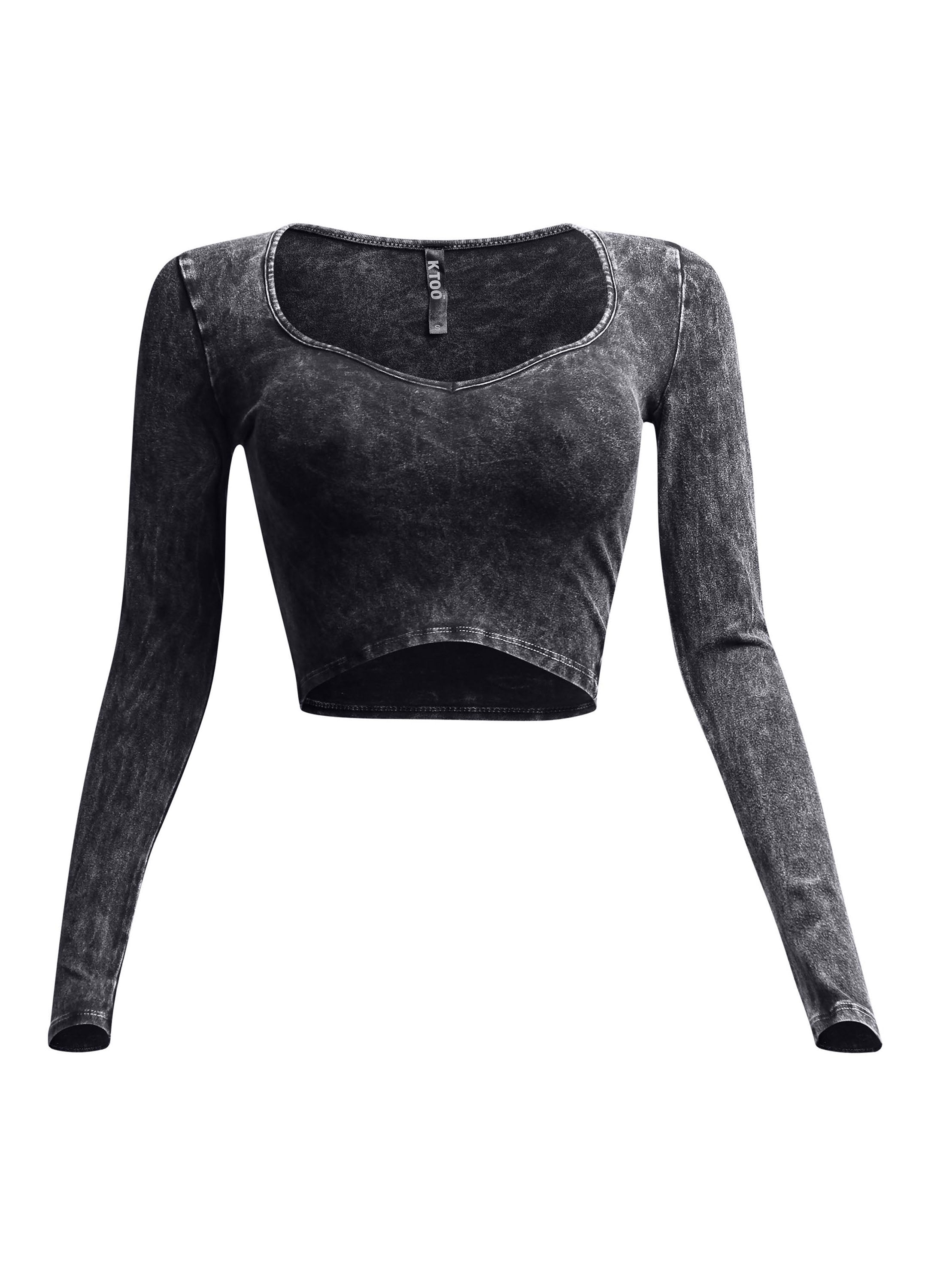 Front view of black vintage wash long sleeve crop top with V-neckline.