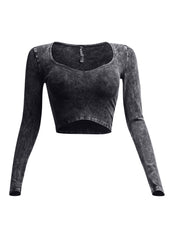 Front view of black vintage wash long sleeve crop top with V-neckline.