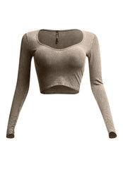 Front view of beige vintage wash long sleeve crop top with V-neckline.