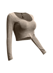 Right side view of beige vintage wash crop top highlighting the casual yet chic design.