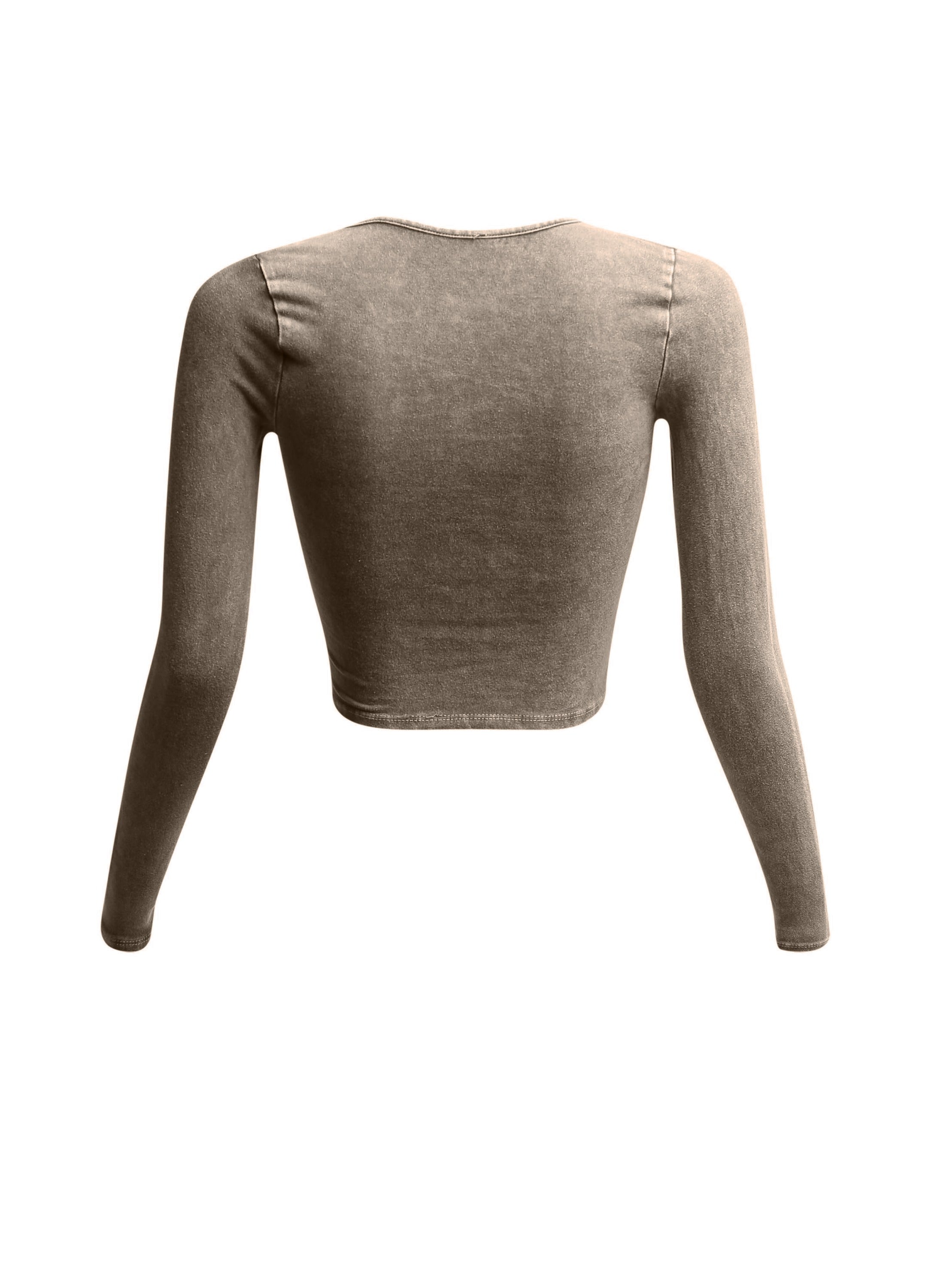 Back view of beige vintage wash crop top with fitted long sleeves.