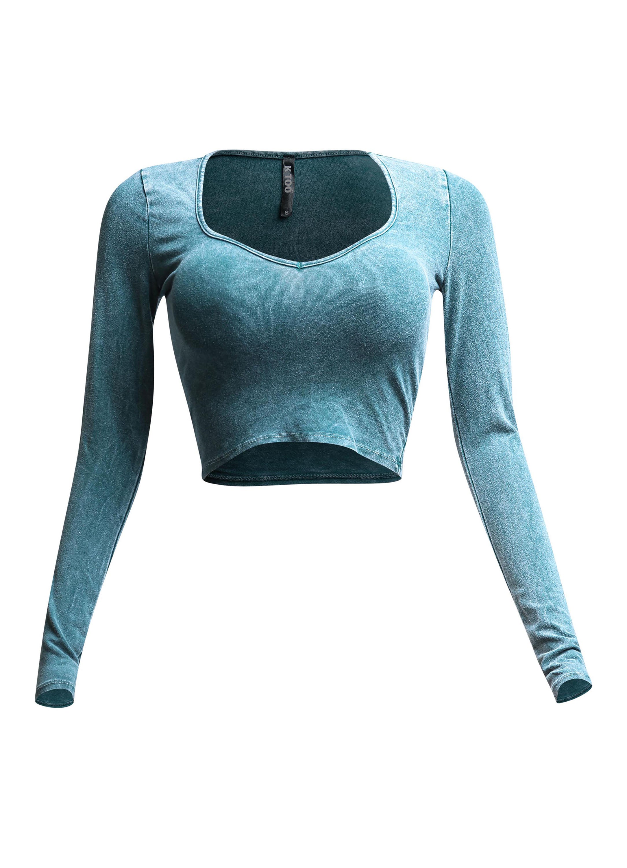 Front view of teal vintage wash long sleeve crop top with V-neckline.