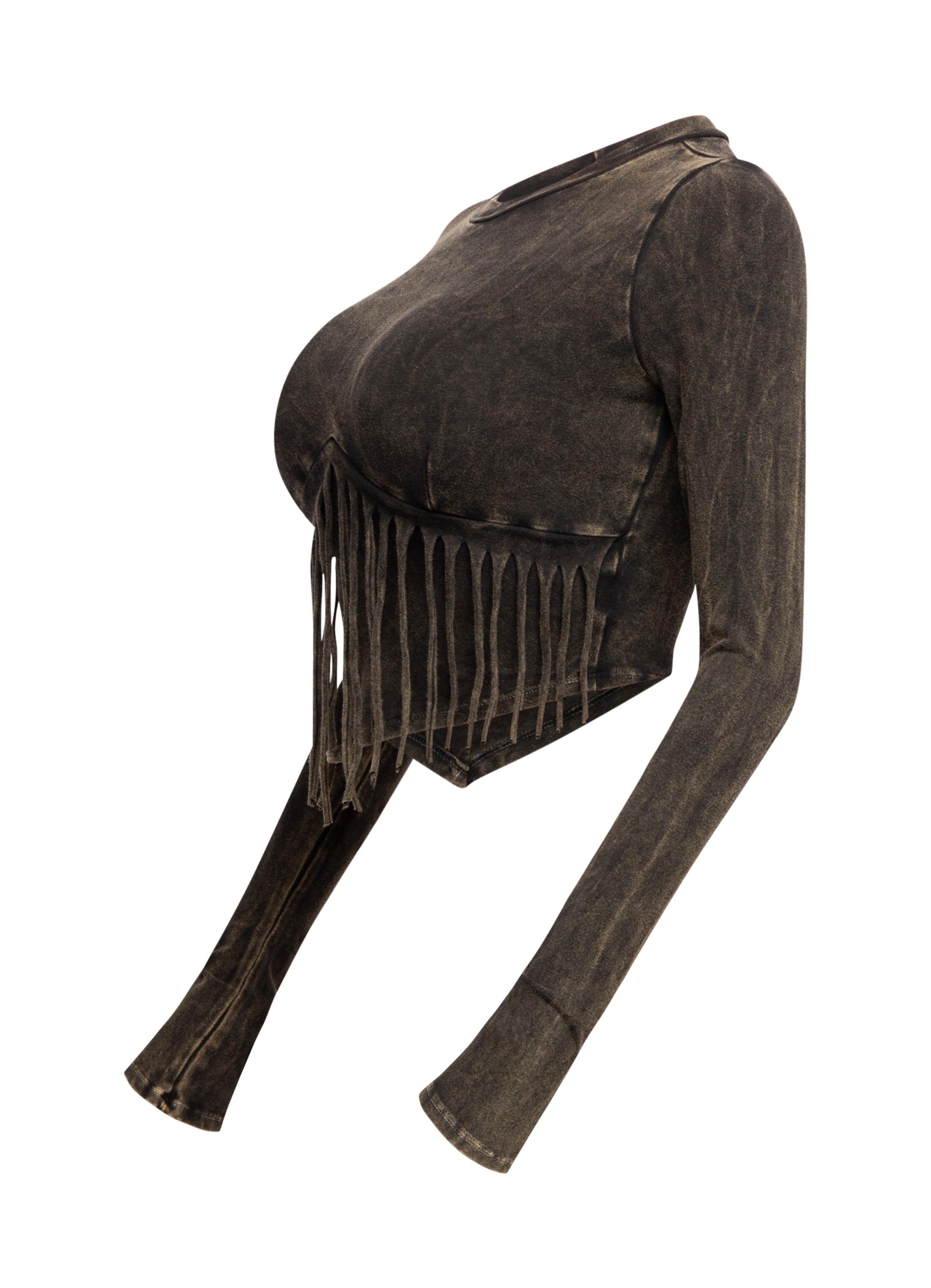 Mineral washed fringe front detailed long sleeve top