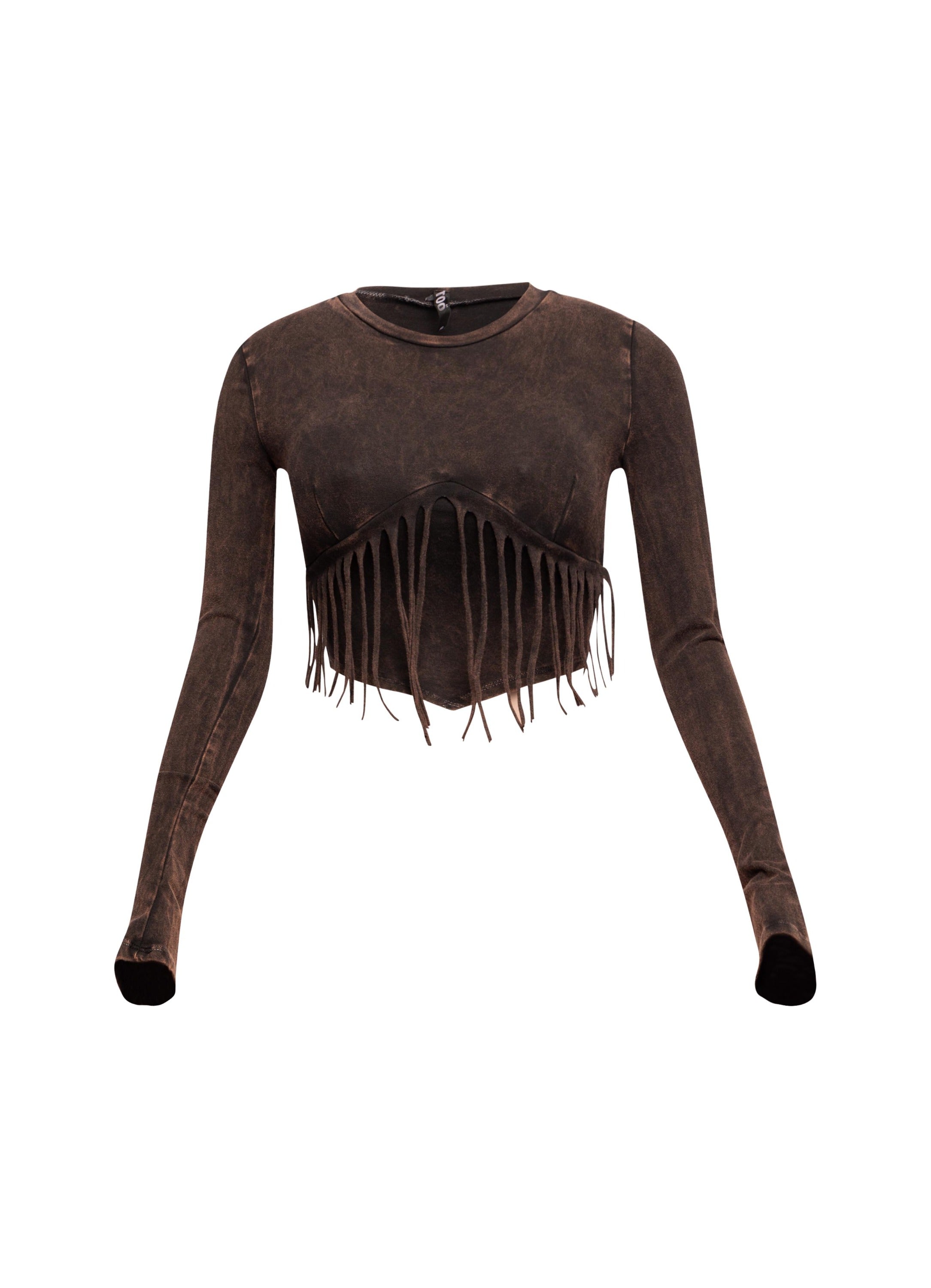 Mineral washed fringe front detailed long sleeve top