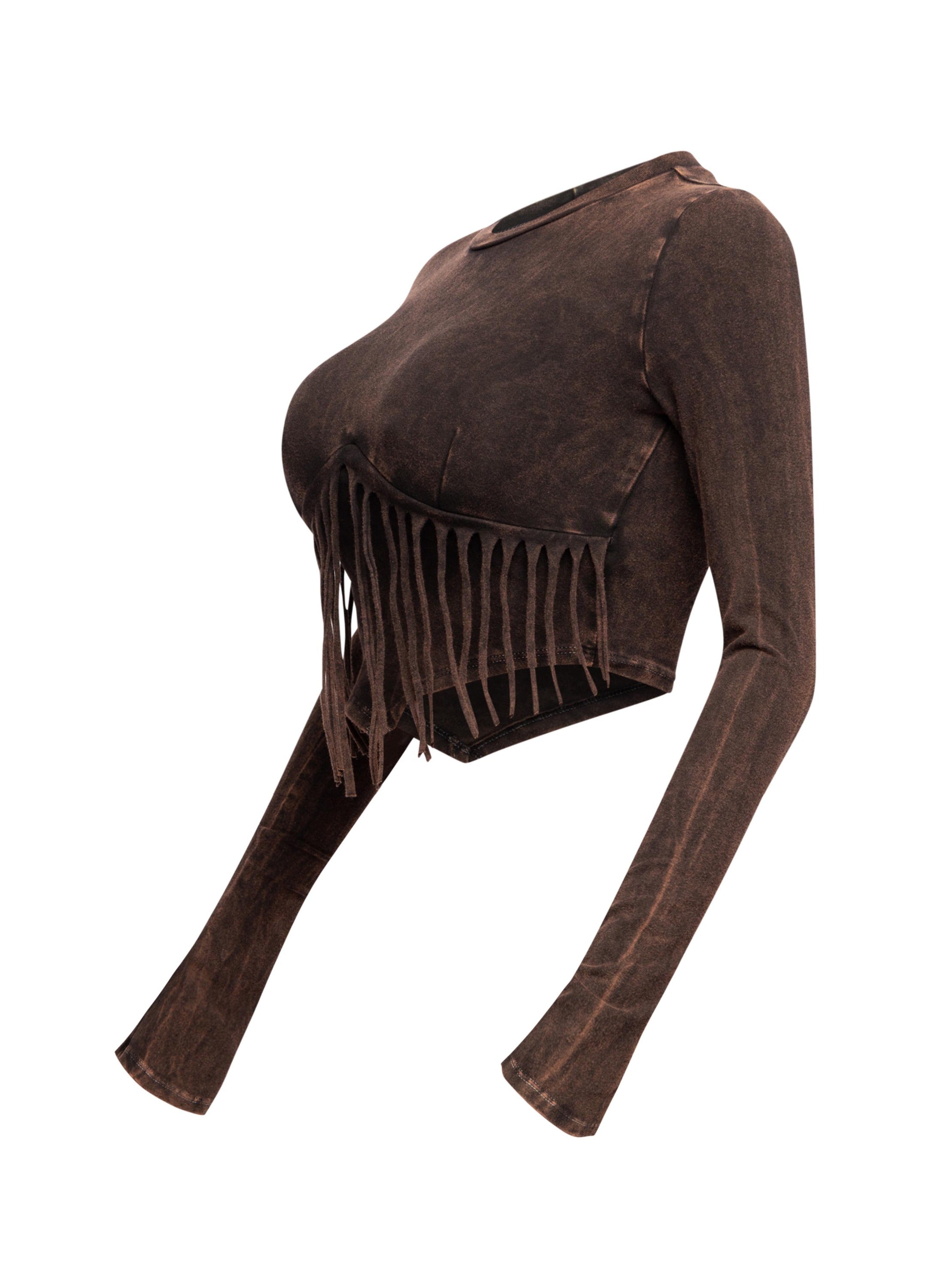 Mineral washed fringe front detailed long sleeve top