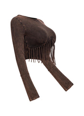 Mineral washed fringe front detailed long sleeve top