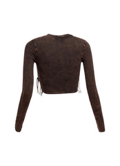 Mineral washed fringe front detailed long sleeve top