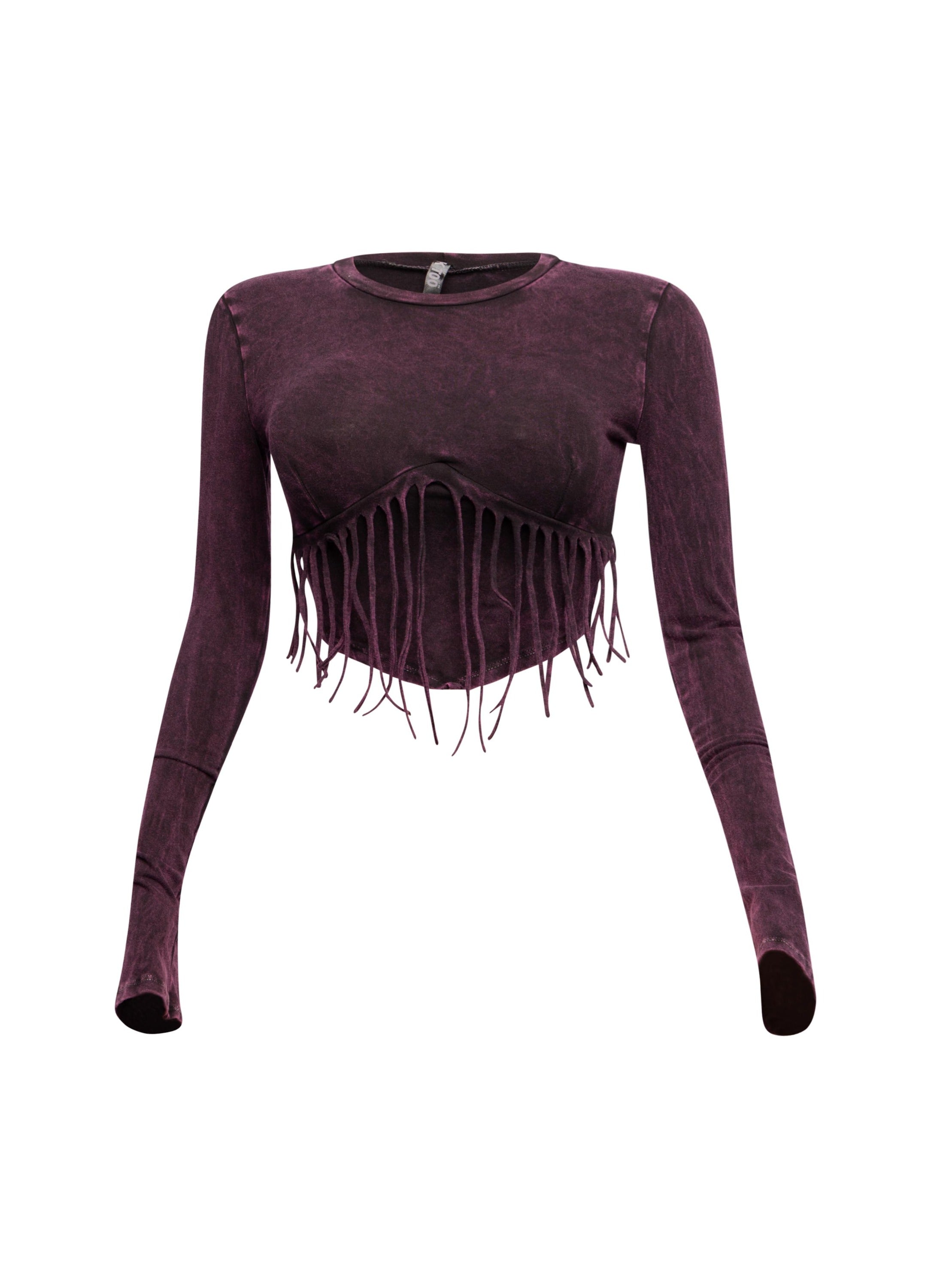 Mineral washed fringe front detailed long sleeve top