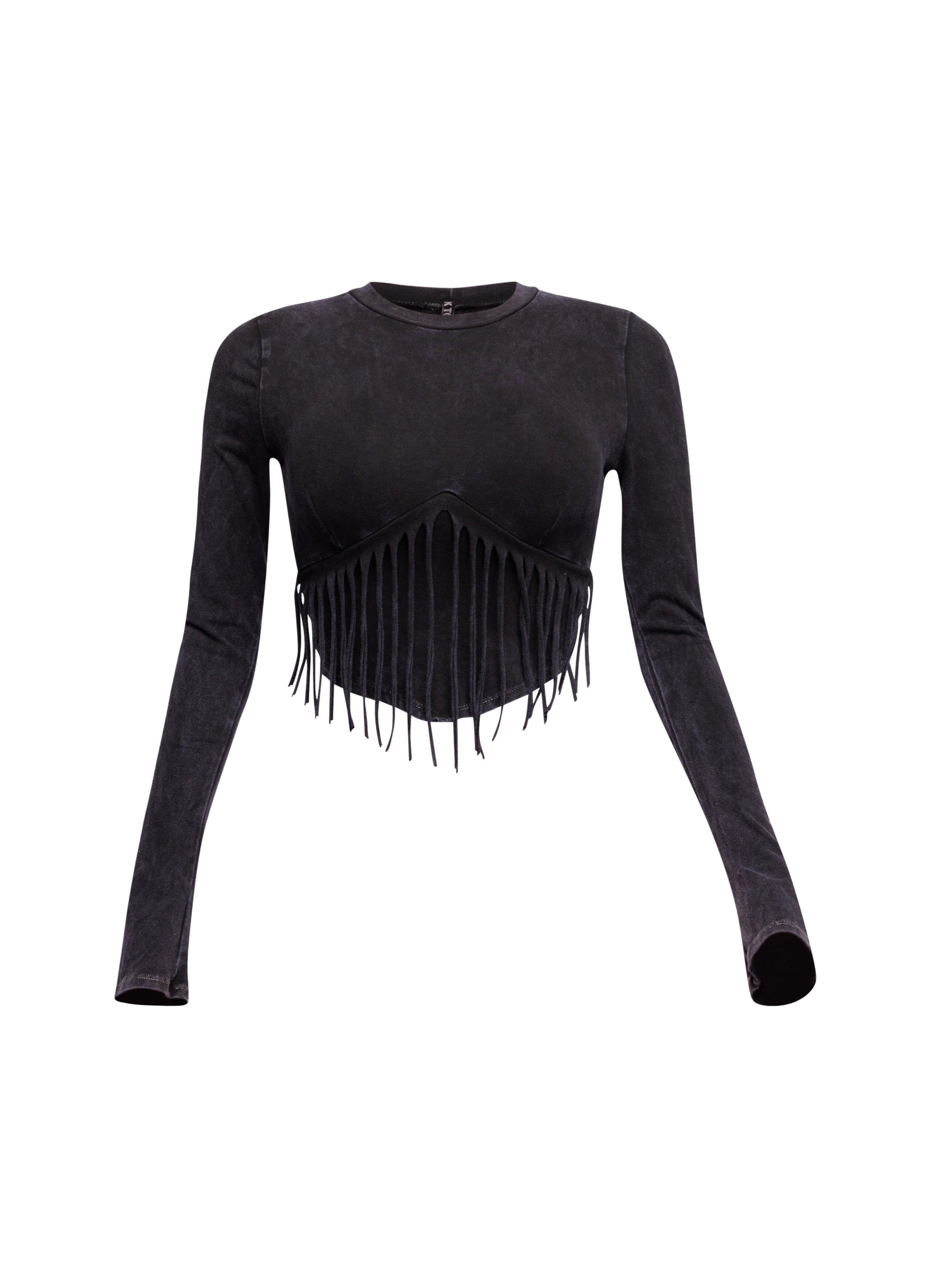 Mineral washed fringe front detailed long sleeve top