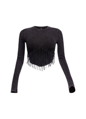 Mineral washed fringe front detailed long sleeve top