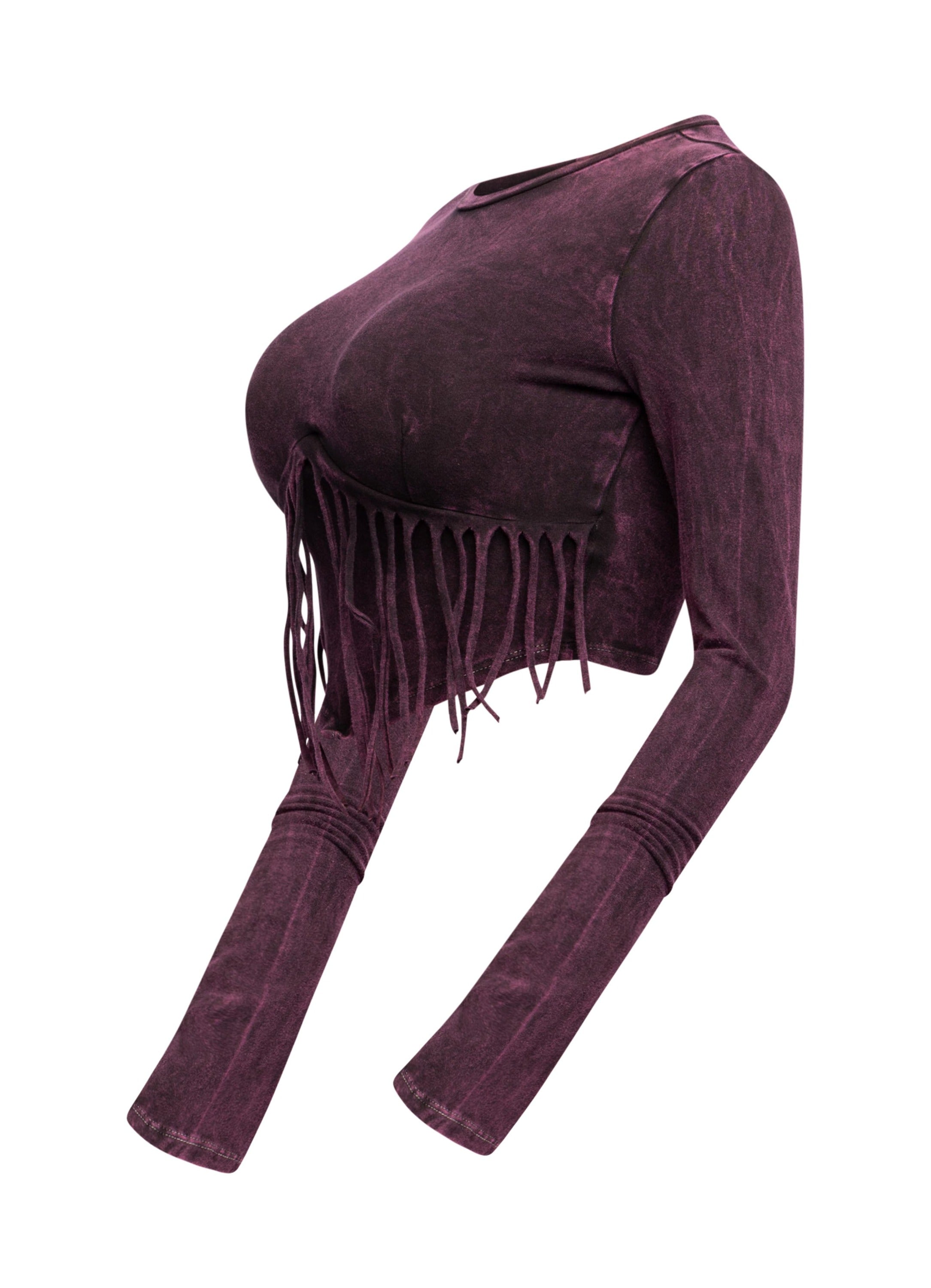 Mineral washed fringe front detailed long sleeve top