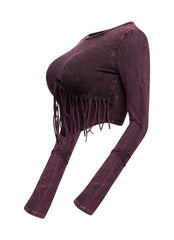 Mineral washed fringe front detailed long sleeve top