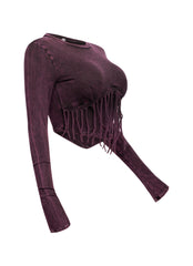 Mineral washed fringe front detailed long sleeve top