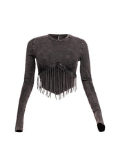 Mineral washed fringe front detailed long sleeve top