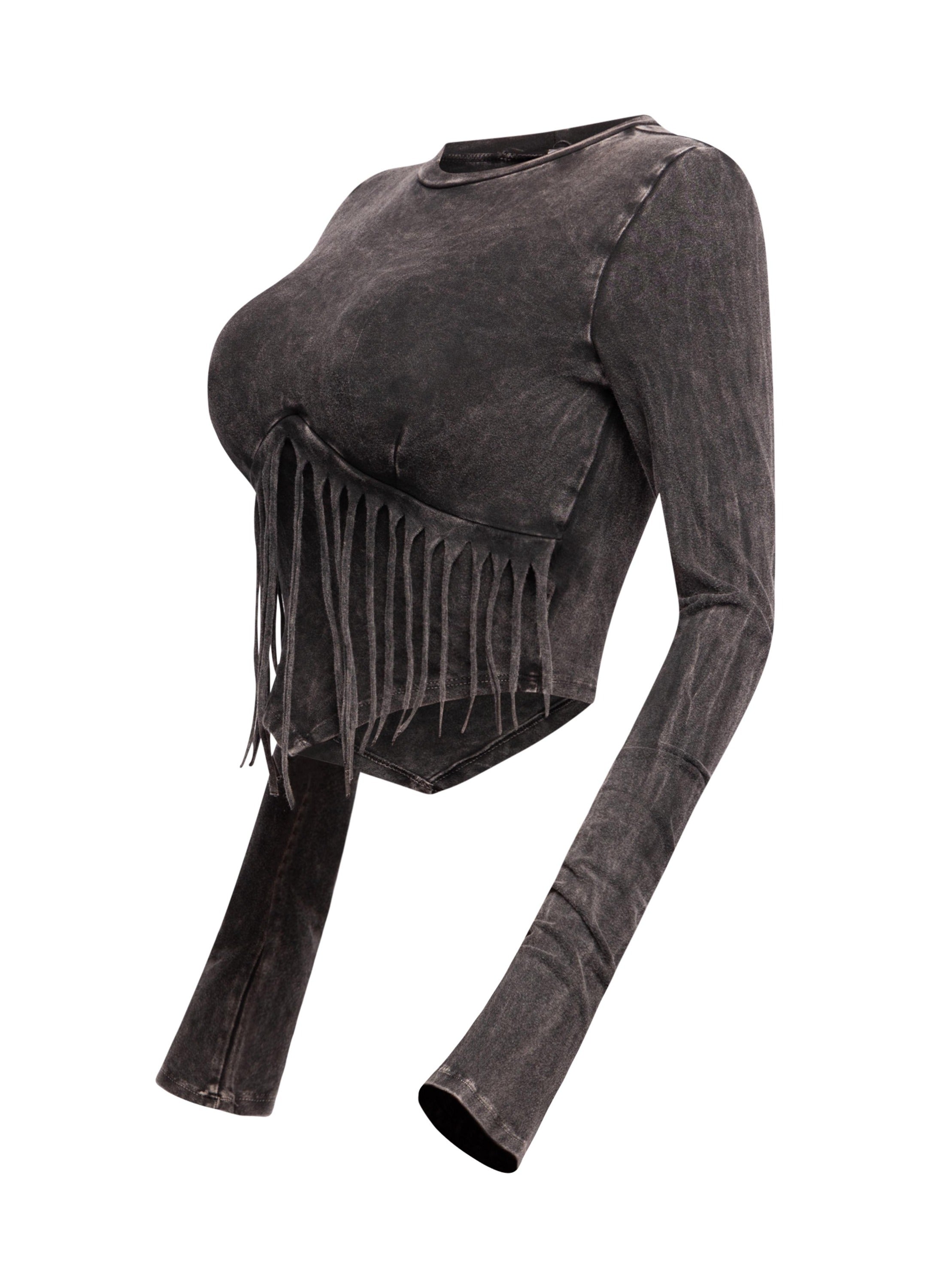 Mineral washed fringe front detailed long sleeve top