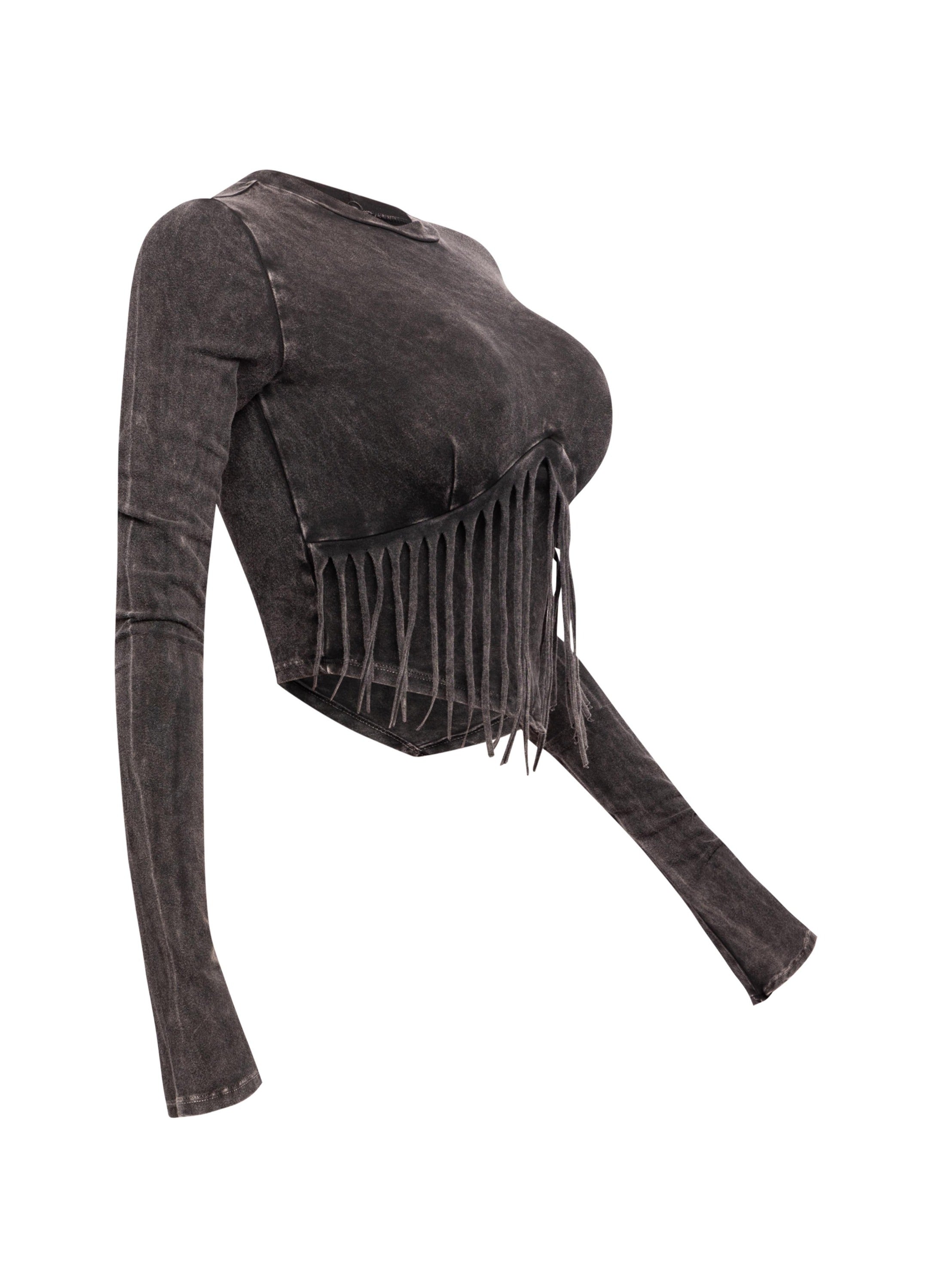 Mineral washed fringe front detailed long sleeve top