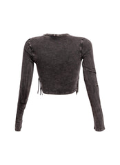 Mineral washed fringe front detailed long sleeve top