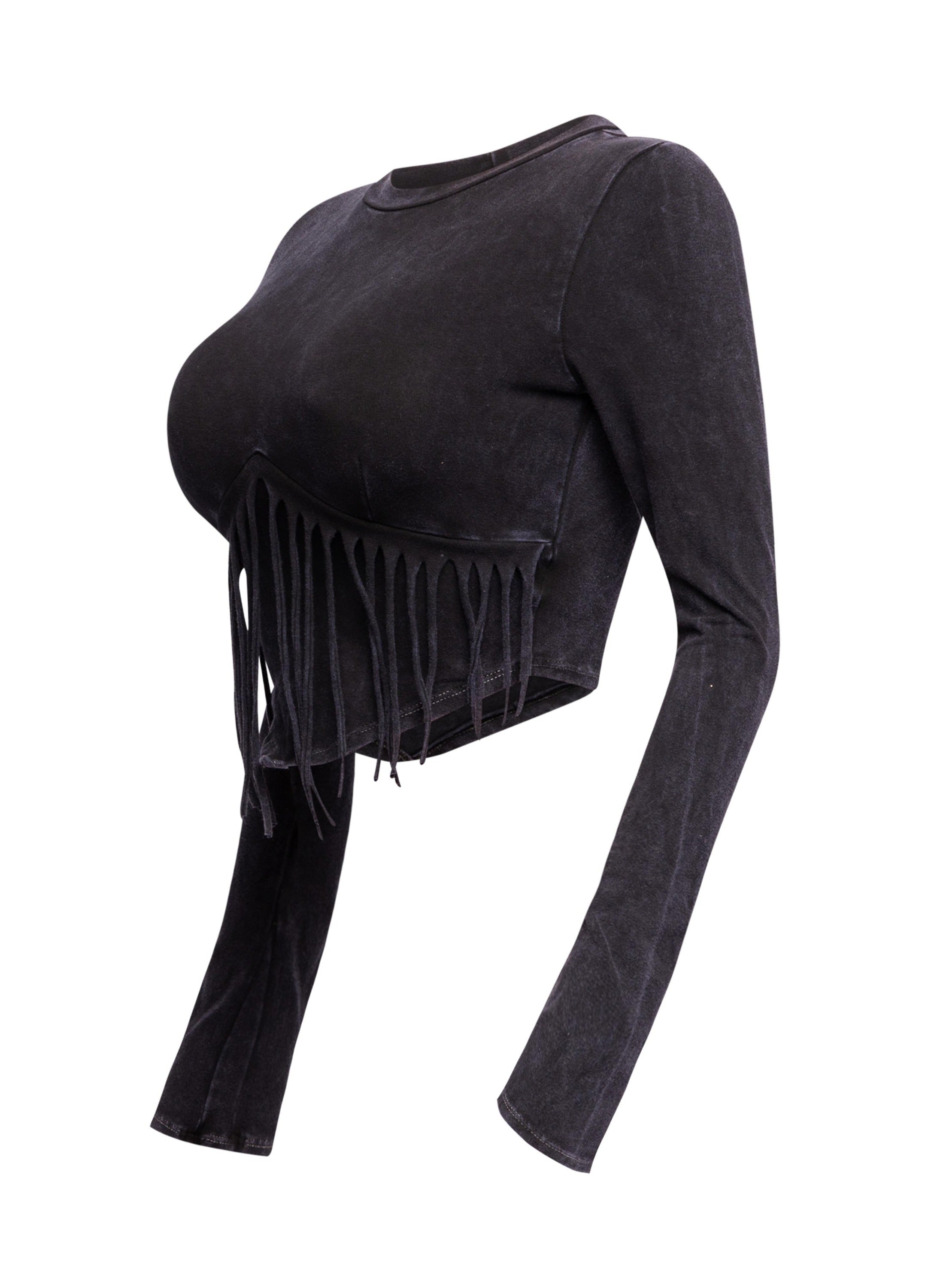 Mineral washed fringe front detailed long sleeve top