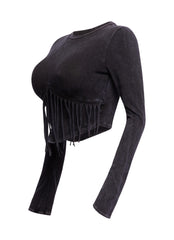 Mineral washed fringe front detailed long sleeve top