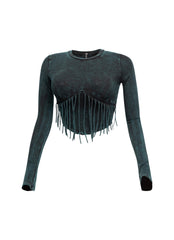 Mineral washed fringe front detailed long sleeve top