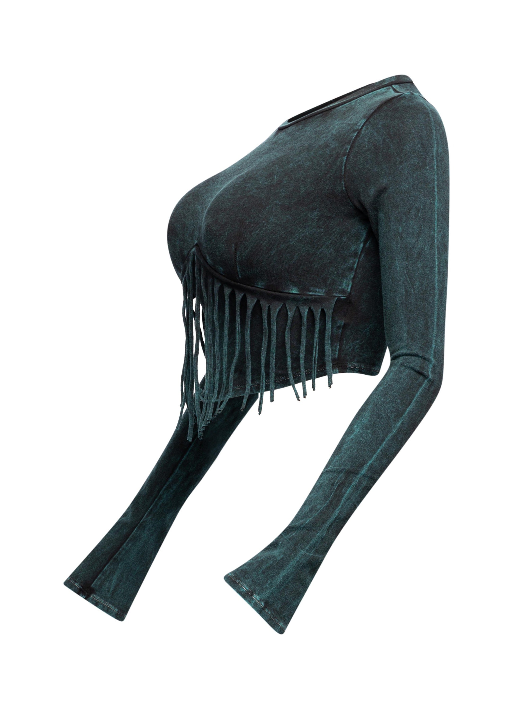 Mineral washed fringe front detailed long sleeve top