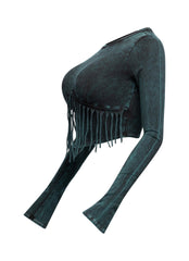 Mineral washed fringe front detailed long sleeve top