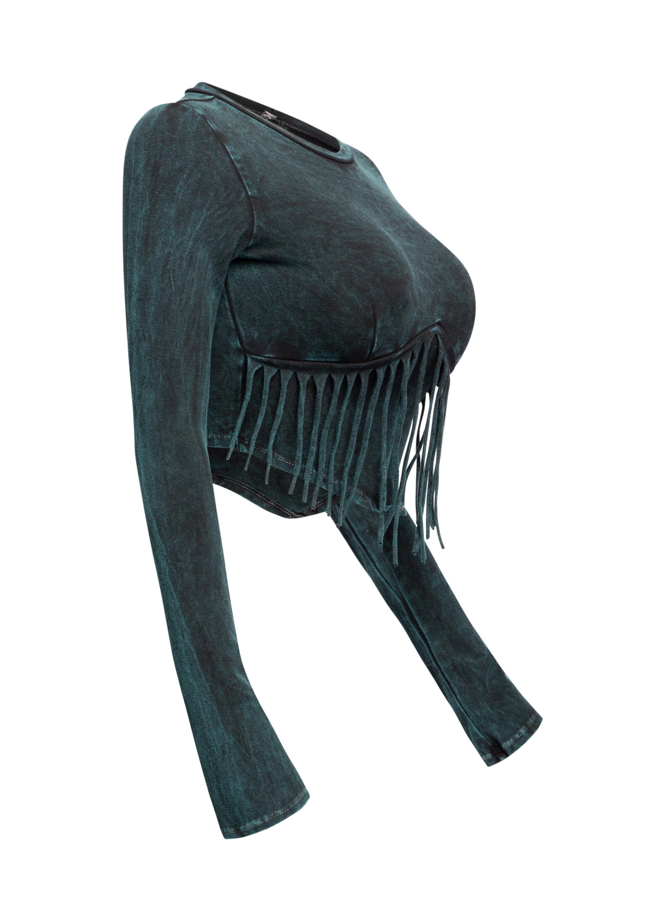 Mineral washed fringe front detailed long sleeve top