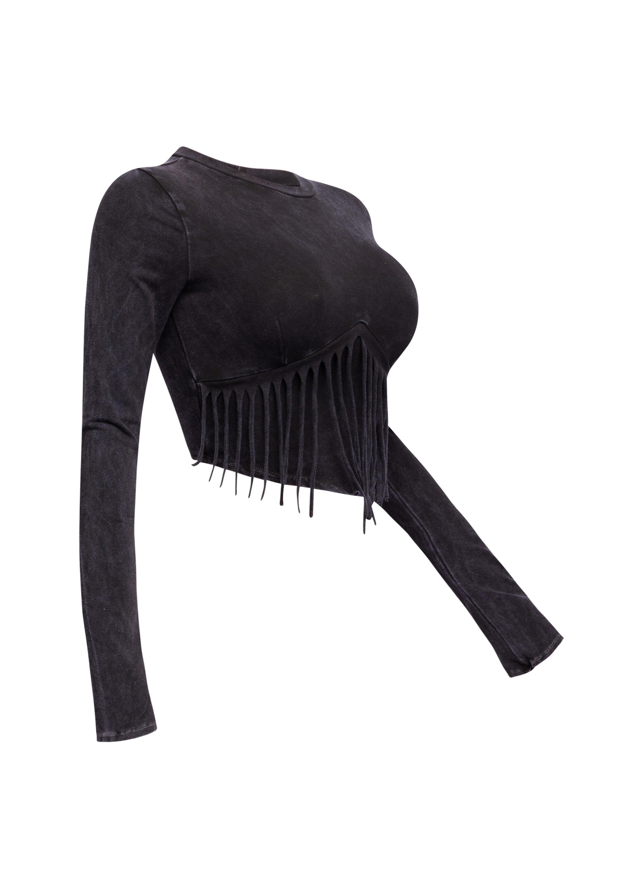 Mineral washed fringe front detailed long sleeve top