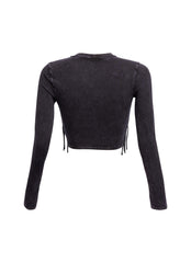 Mineral washed fringe front detailed long sleeve top