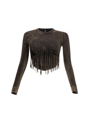 Mineral washed fringe front detailed long sleeve top